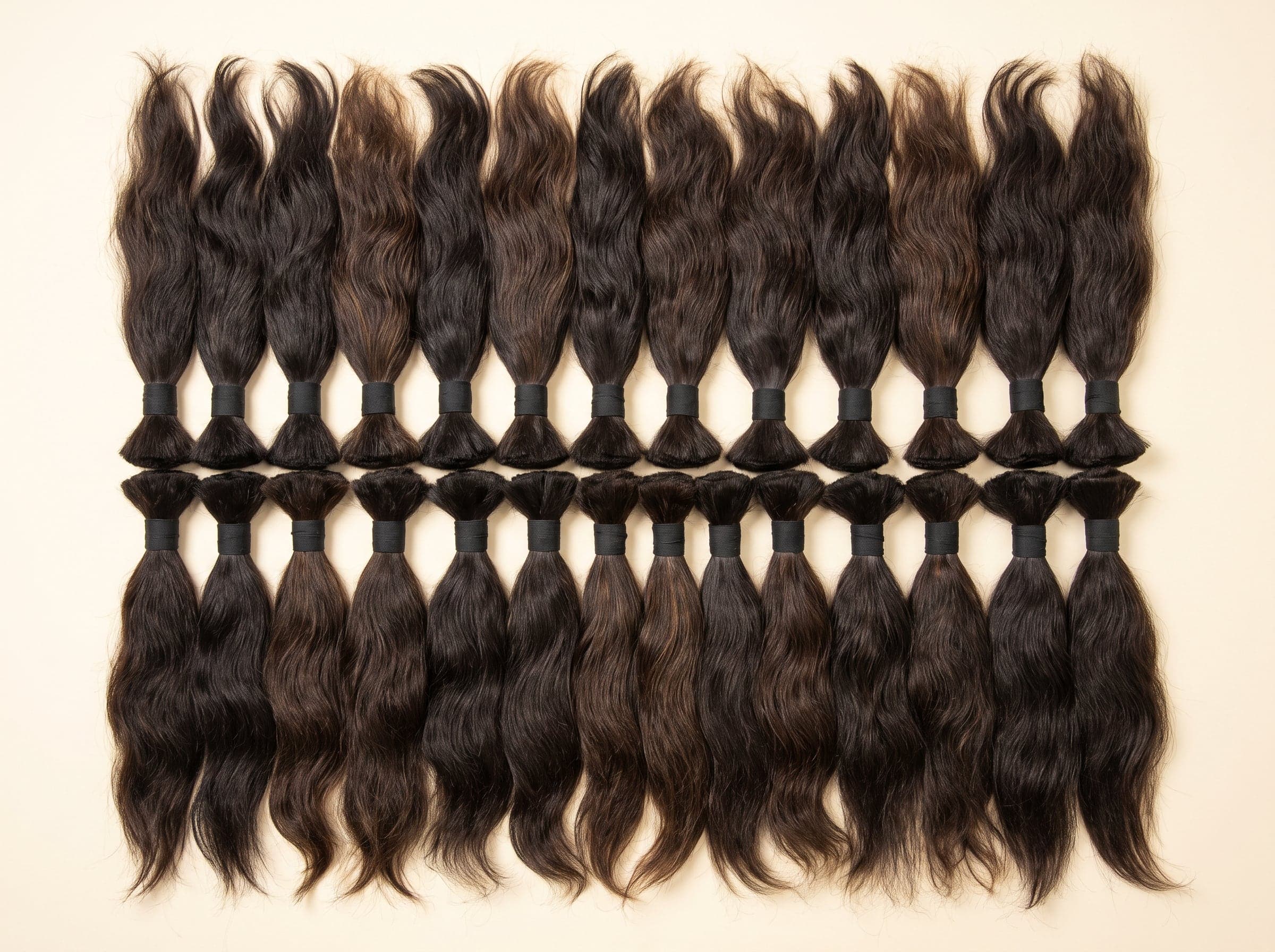 Large Silver grade wholesale collection of darker natural hair bundles laid out in rows