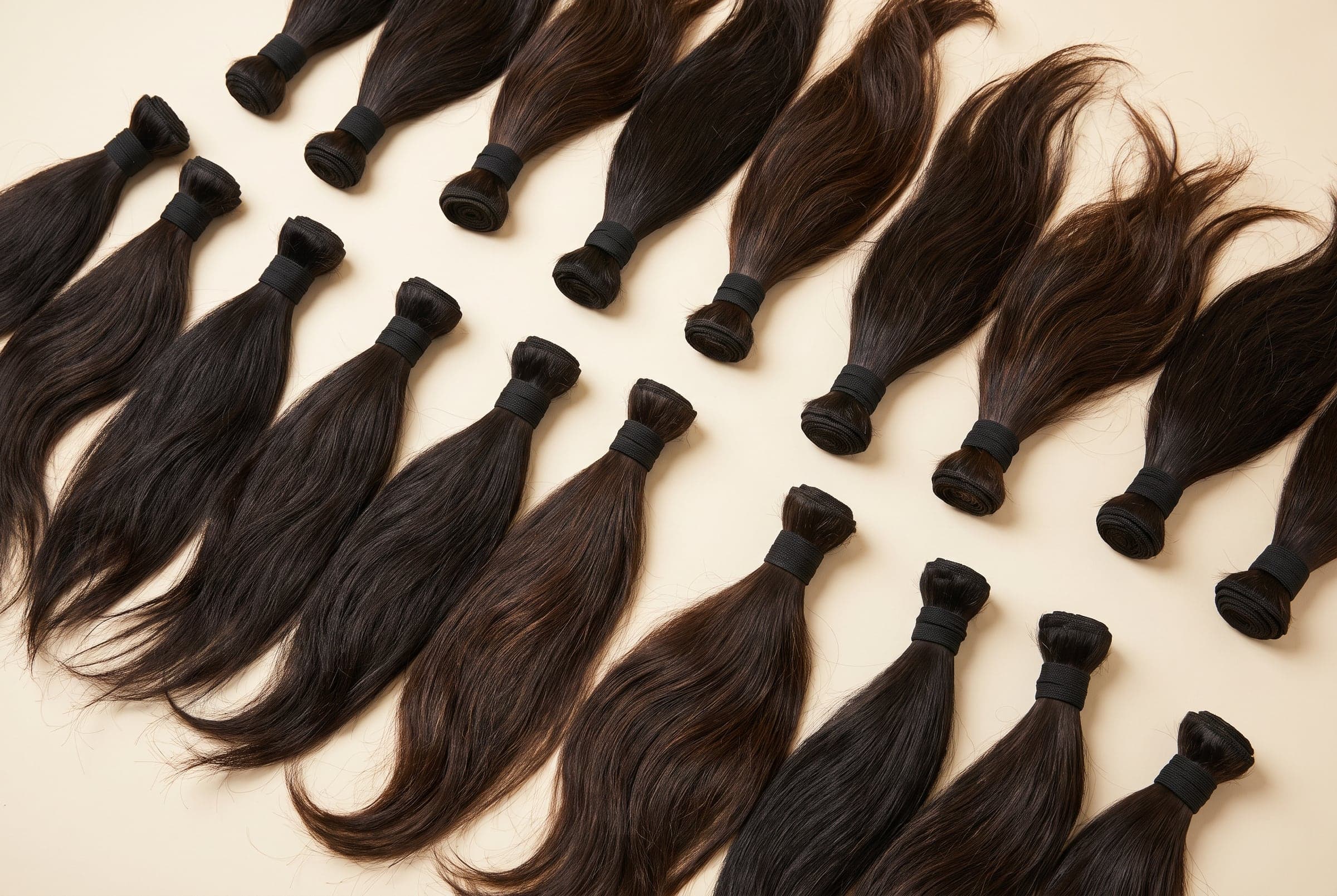 Silver grade single-donor hair bundles in darker natural colors arranged on a cream surface